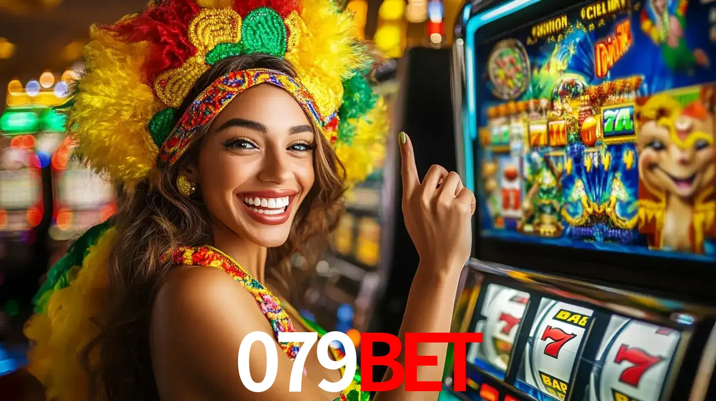 Mulher animada com um cocar de carnaval apontando para uma máquina de caça-níqueis, mostrando a emoção de ganhar um grande prêmio nos jogos do 079bet.