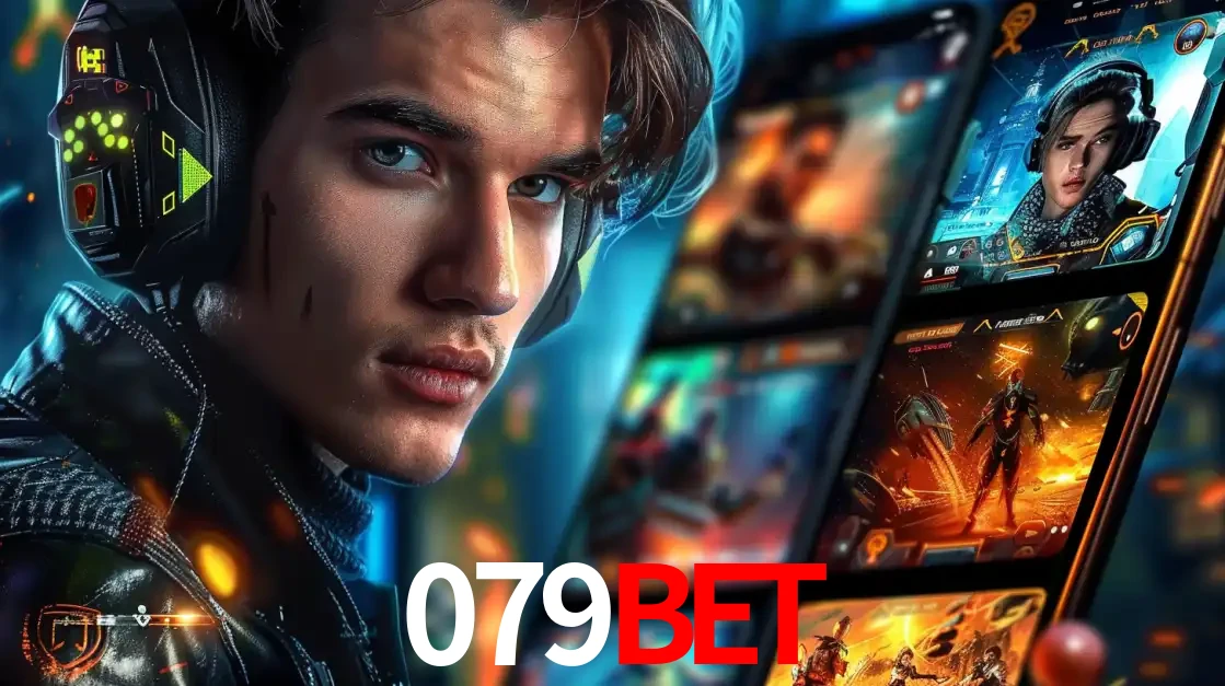 Jovem jogador com fones de ouvido olhando para a câmera, com um aplicativo de jogos e e-sports para celular ao fundo, pronto para a competição e apostas no 079bet.