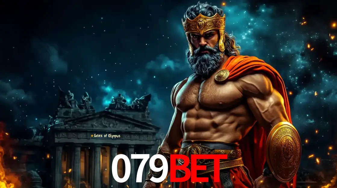O poderoso Zeus do jogo de slot Gates of Olympus em frente ao seu templo, pronto para lançar multiplicadores divinos e prêmios épicos no cassino online 079bet.