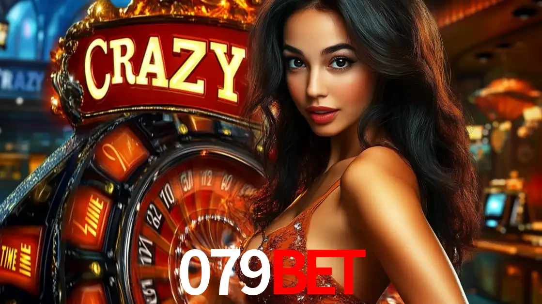 Mulher glamourosa olhando para a câmera com a roda vermelha do Crazy Time ao fundo em um ambiente de cassino, destacando a emoção dos jogos ao vivo no 079bet.