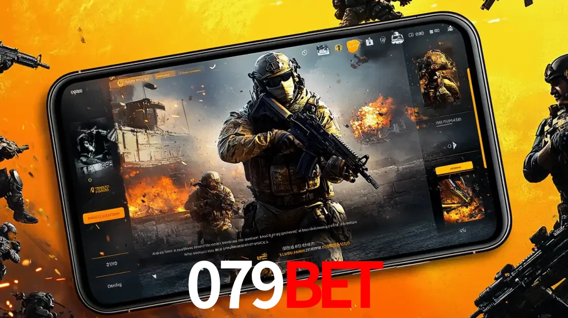 Um smartphone exibindo a interface de um jogo de tiro em primeira pessoa, com um soldado em um cenário de batalha, representando a ação dos e-sports para apostar no 079bet.