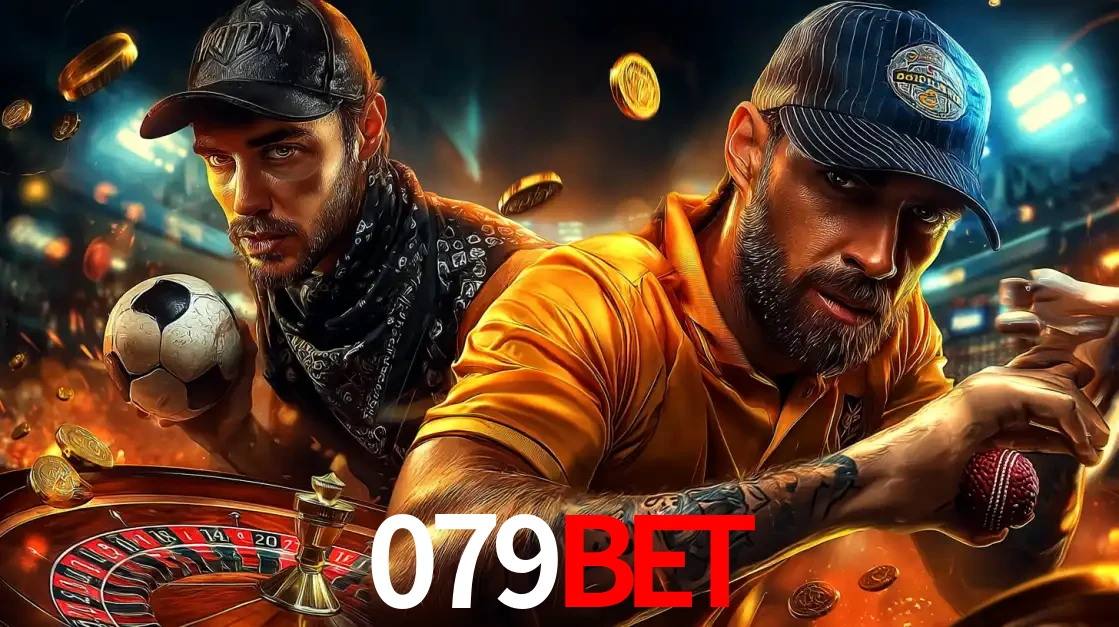 Montagem de apostas esportivas e cassino no 079bet, com um homem segurando uma bola de futebol e outro uma de beisebol sobre uma roleta e moedas voadoras.