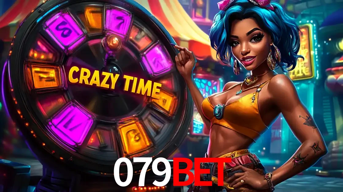 Mulher estilizada com cabelo azul e visual vibrante posando ao lado da roda de prêmios do game show Crazy Time, convidando para a diversão e os bônus do cassino 079bet.