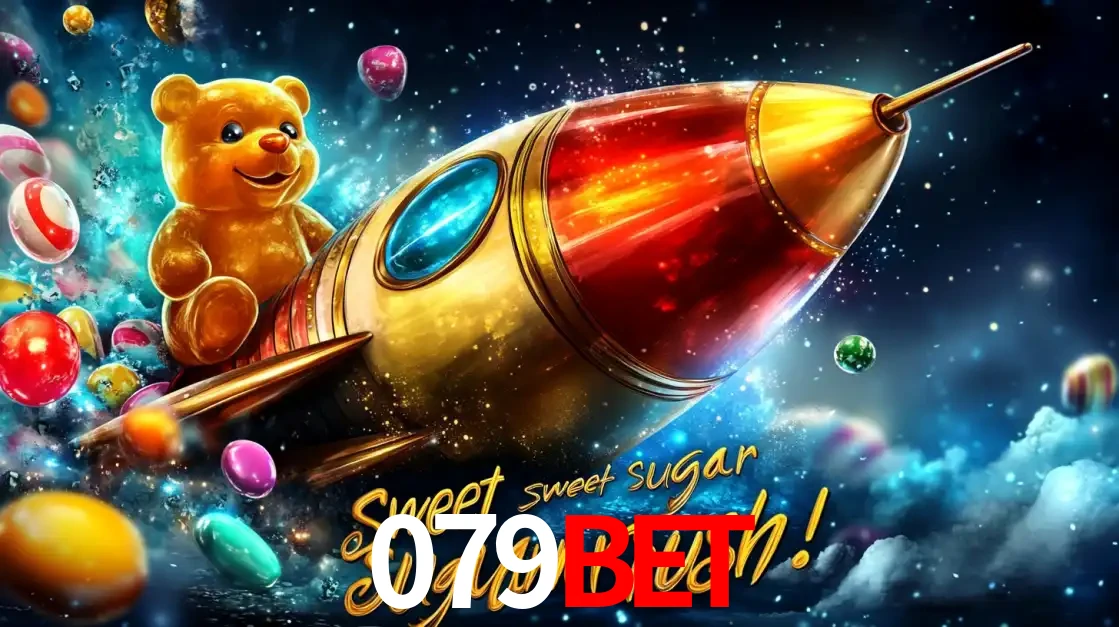 Arte promocional do jogo de slot Sugar Rush, com um urso de pelúcia em um foguete viajando pelo espaço de doces, um dos jogos divertidos disponíveis no cassino 079bet.