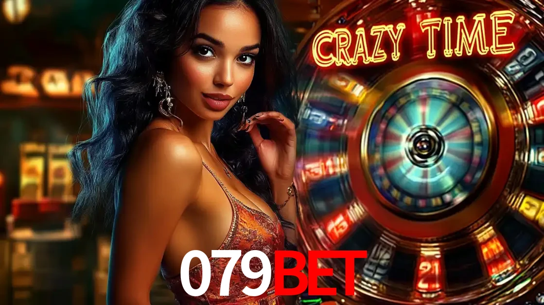 Mulher elegante ao lado da vibrante roda da fortuna do jogo de cassino ao vivo Crazy Time, um dos game shows mais populares e cheios de prêmios do 079bet.
