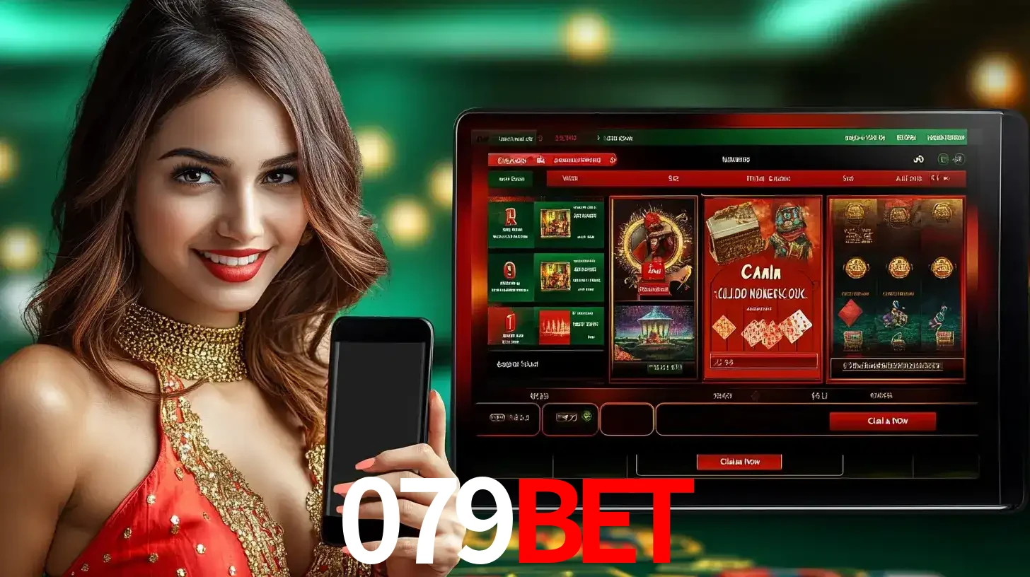 Mulher sorridente segurando um smartphone, ao lado de uma tela exibindo o lobby de jogos do cassino online 079bet, com várias opções de jogos de cartas e slots.